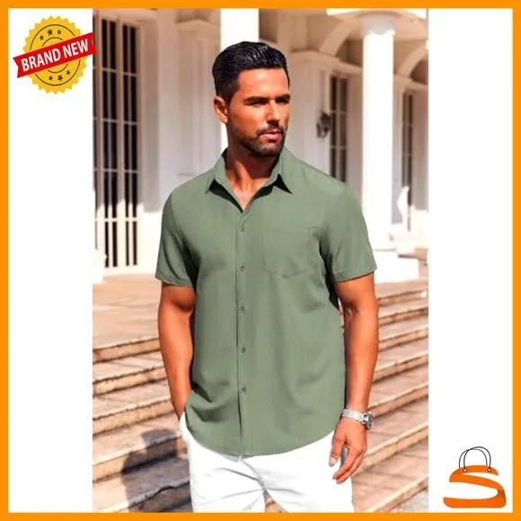 Short Sleeve Button Down Shirt Casual Stretch Denim Dress Shirt with Pocket